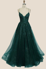 Turquoise Lace Appliques Straps A-line Long Formal Dress