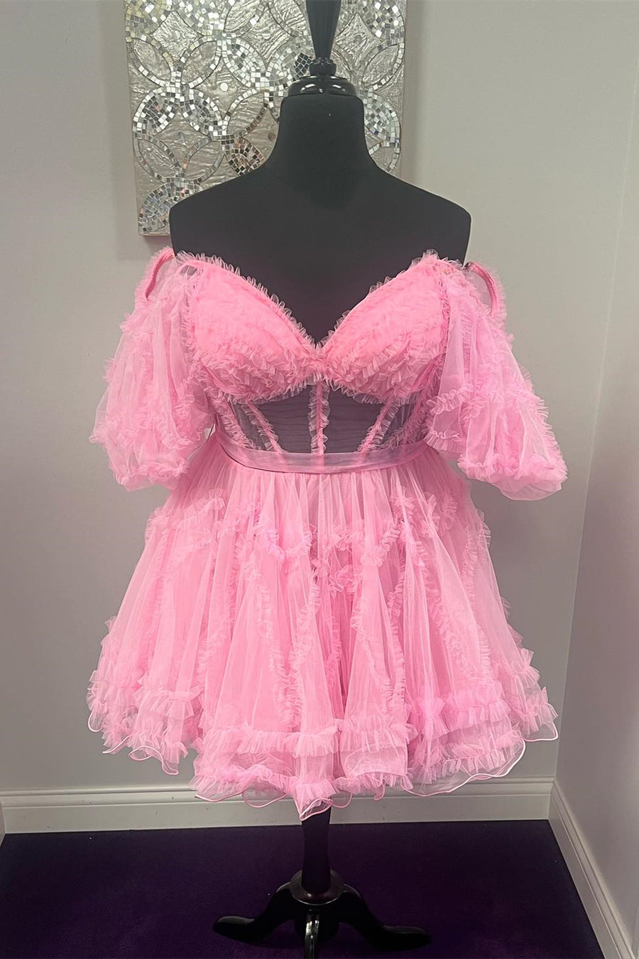 Off the Shoulder Hot Pink Ruffles Short A-line Homecoming Dress