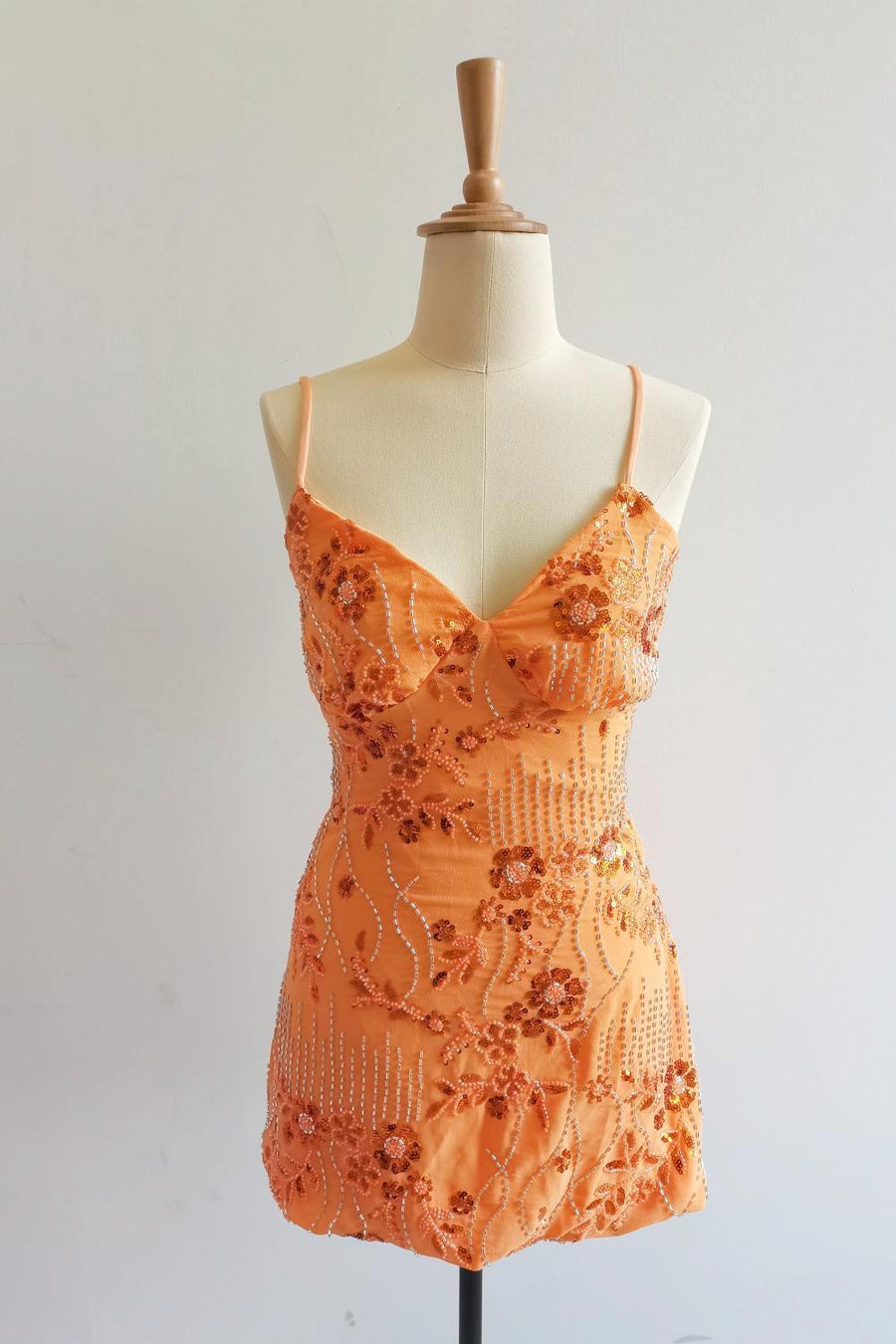 Spaghetti Straps Beaded Pink Mini Dress