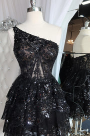 One Shoulder Black Appliques Ruffles Short Party Dress