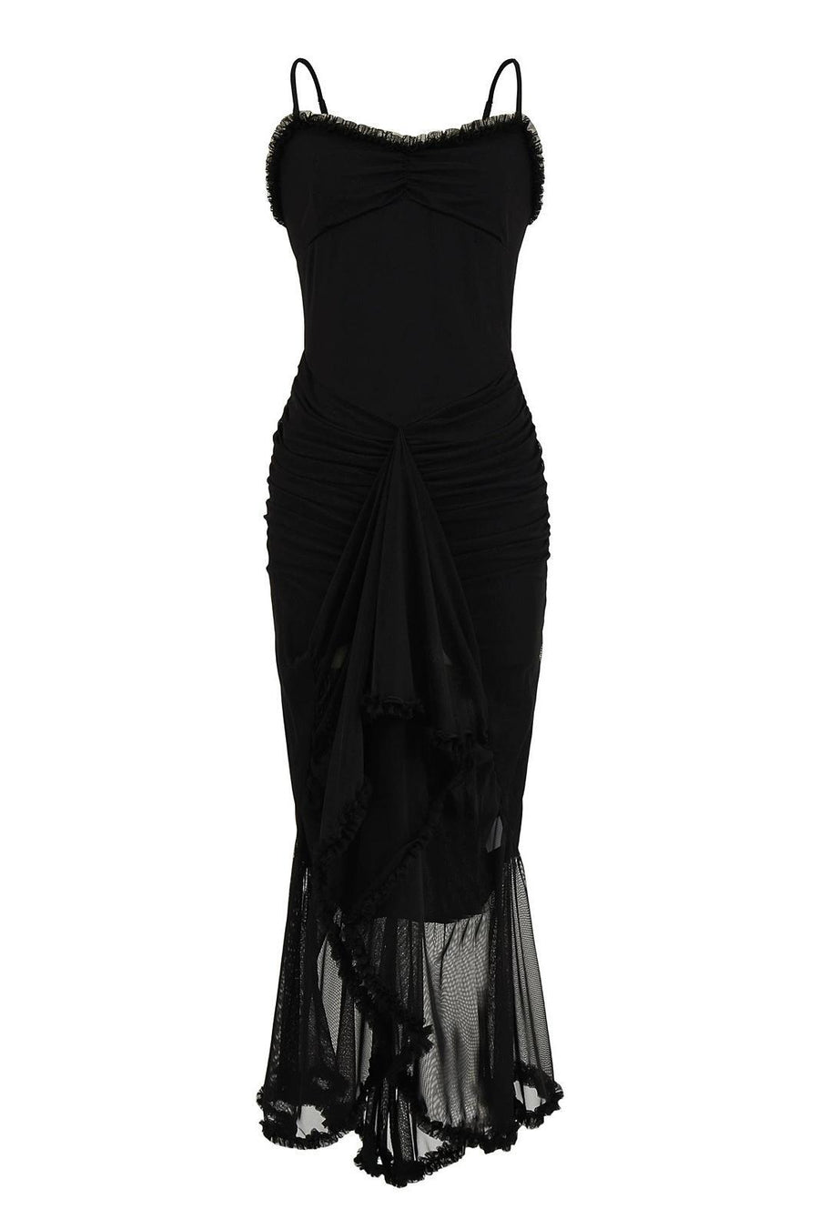 Straps Yellow Ruffled Front Irregular Long Dress