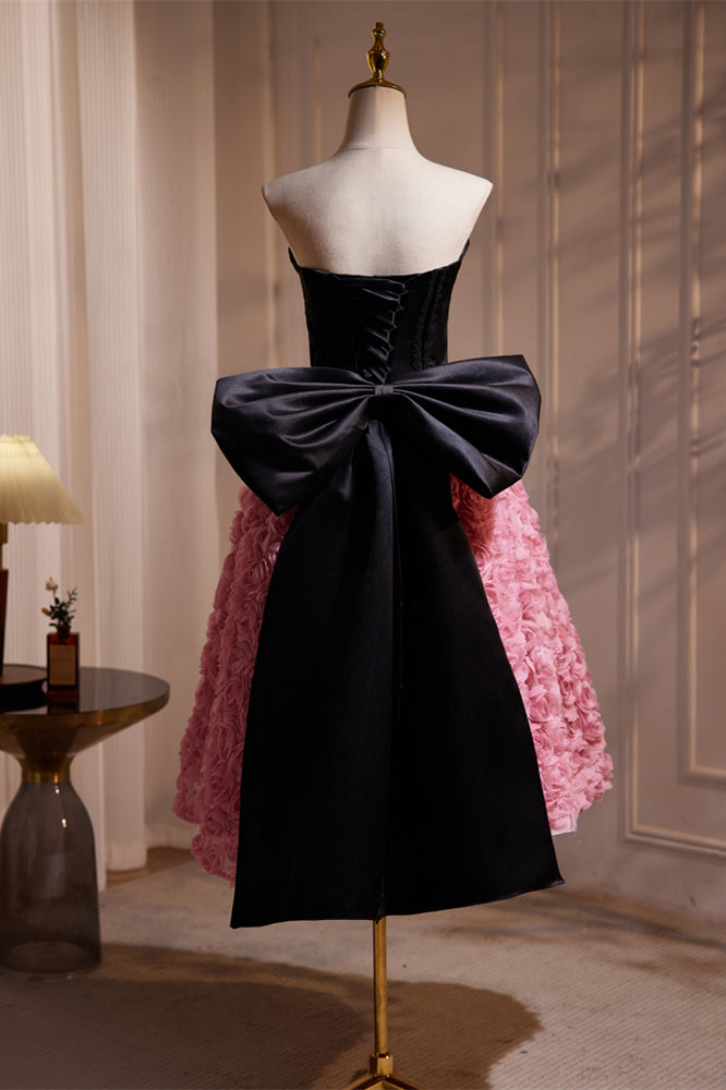 Sweetheart Black and Pink Floral Tea Length Dress