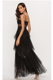 Straps Black Tulle Ruffled Long Maxi Dress