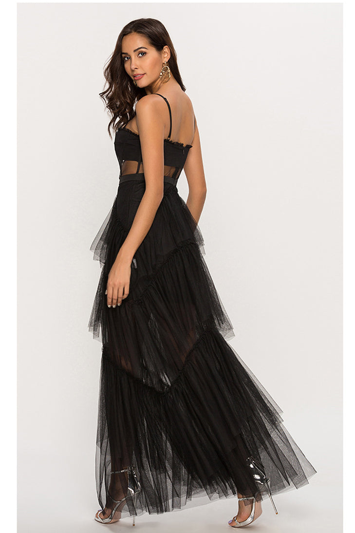 Straps Black Tulle Ruffled Long Maxi Dress