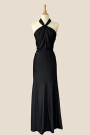 Halter Black Soft Satin Sheath Long Party Dress