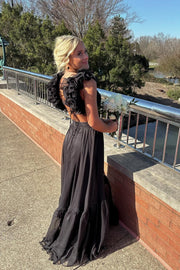 Ruffle Straps Fuchsia Pleated A-line Boho Dress