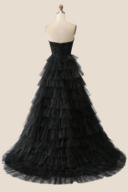 Black Appliques Tulle Tiered Ruffles Long Party Dress