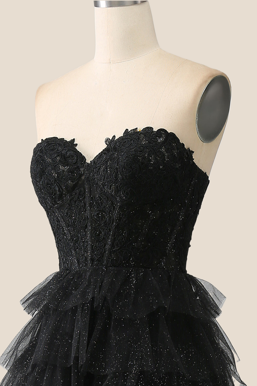 Black Appliques Tulle Tiered Ruffles Long Party Dress