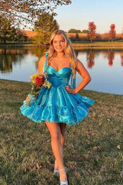 Sweetheart Green Ruffles A-line Short Dress