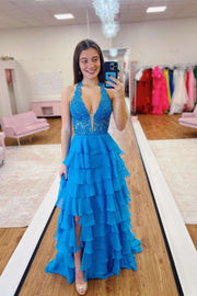 Halter Yellow Appliques Ruffle Long Dress