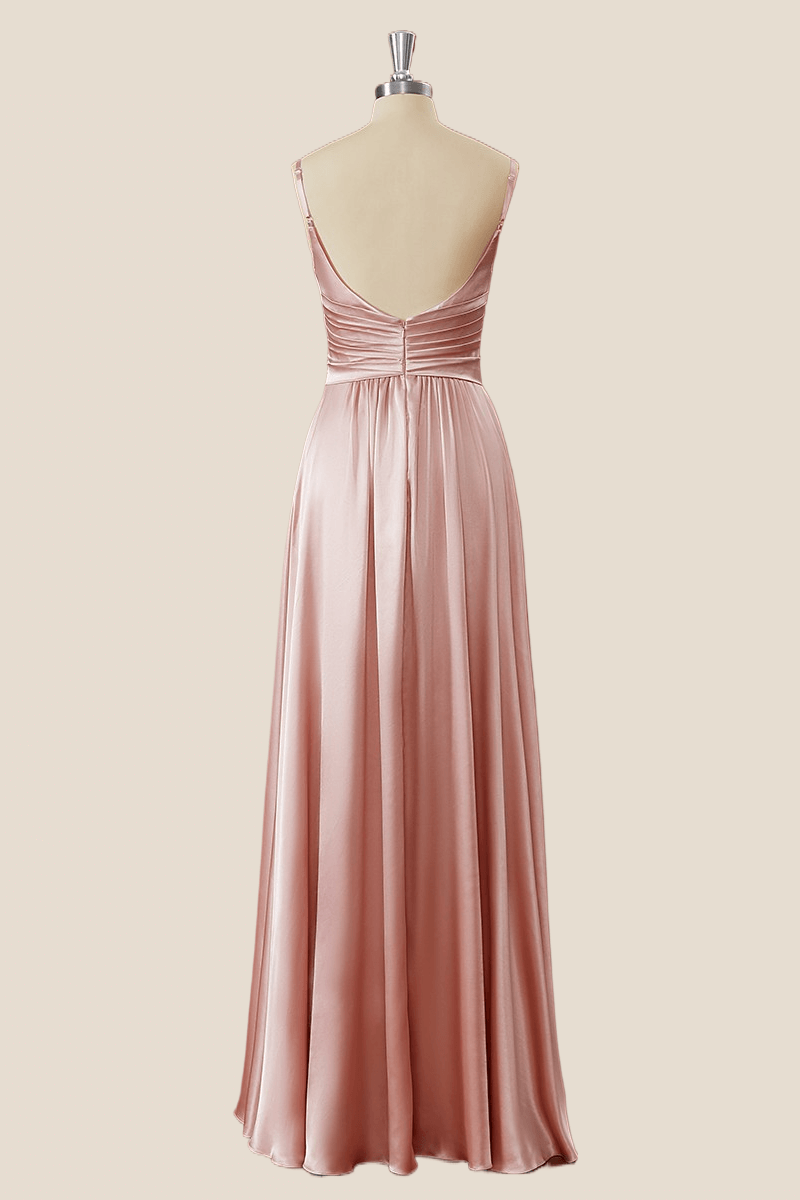 Blush Pink Pleated Satin A-line Long Bridesmaid Dress