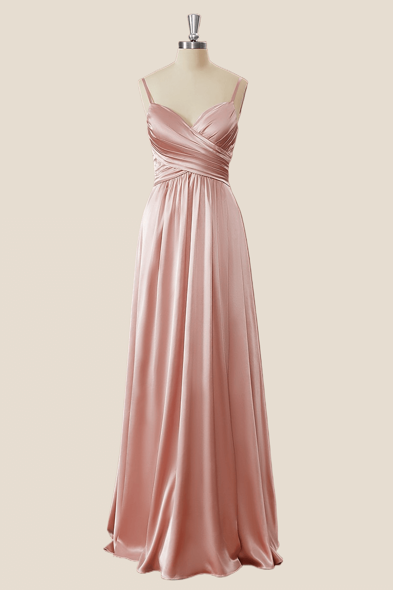 Blush Pink Pleated Satin A-line Long Bridesmaid Dress Ohmollydress Blush Pink Pleated Satin A-line Long Bridesmaid Dress Ohmollydress