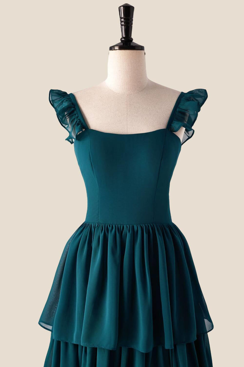 shona joy sage bridesmaid dresses Straps Dark Blue Ruffle Long Bridesmaid Dress – Ohmollydress