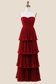 Strapless Sage Pleated Tiered Long Party Dress