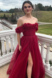 Flowers Off the Shoulder Pink Tulle A-line Formal Dress