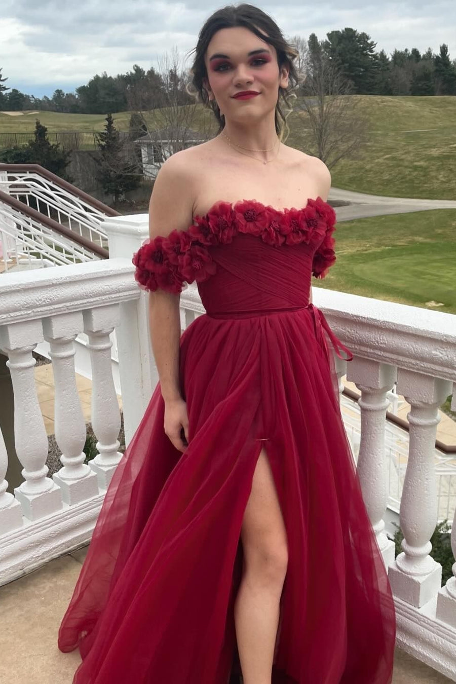 Flowers Off the Shoulder Pink Tulle A-line Formal Dress