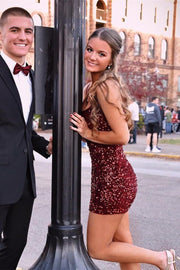 Spaghetti Straps Pink Sequin Bodycon Mini Dress