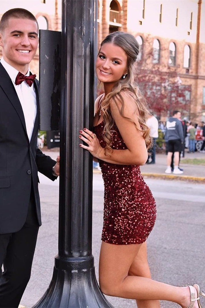 Spaghetti Straps Pink Sequin Bodycon Mini Dress
