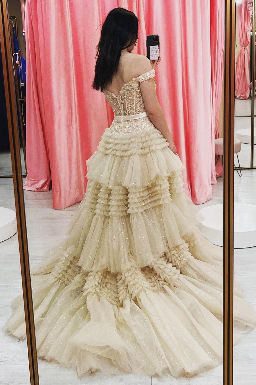 Off the Shoulder Red Appliques Tiered Long Formal Dress