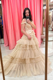 Off the Shoulder Red Appliques Tiered Long Formal Dress