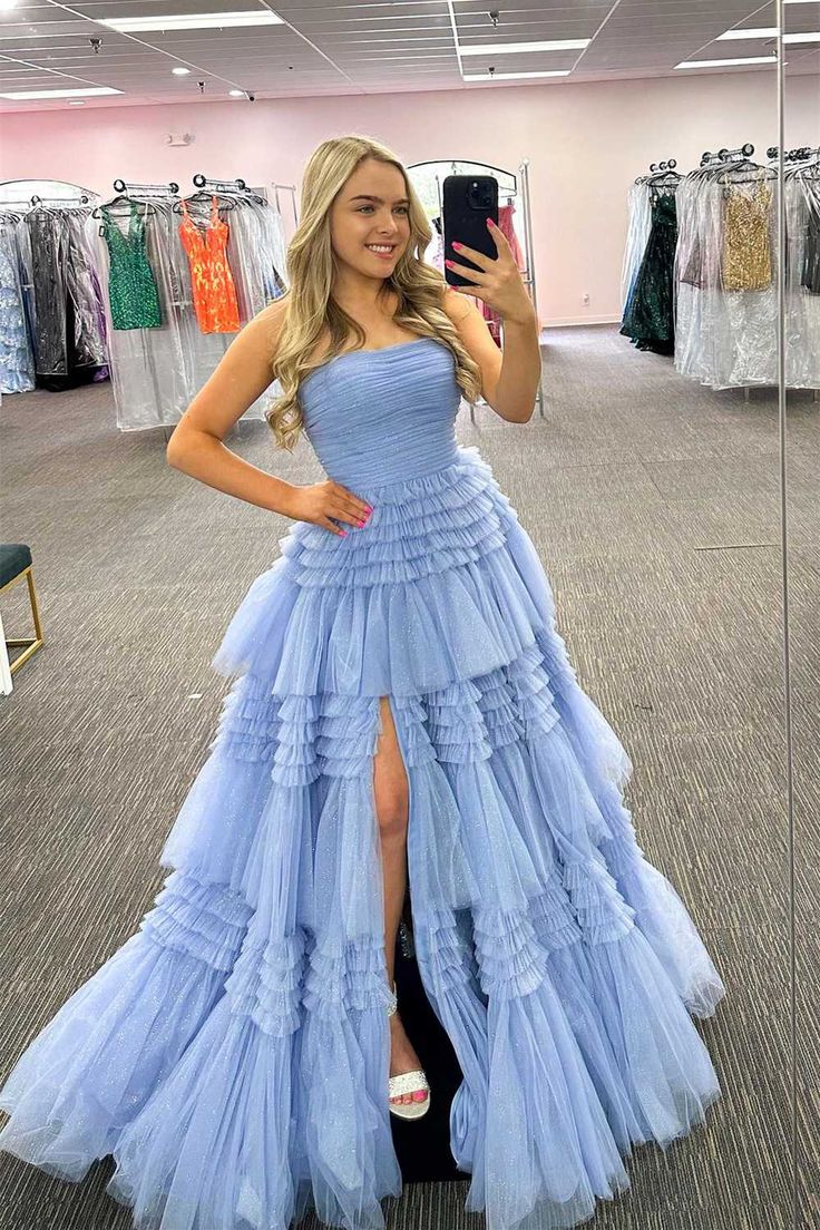 Strapless Periwinkle Tulle Tiered Formal Dress