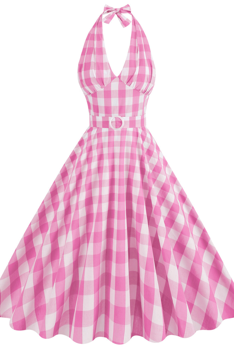 Deep V Neck Pink Plaid Gingham Swing Dress with Belt