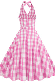 Deep V Neck Pink Plaid Gingham Swing Dress with Belt