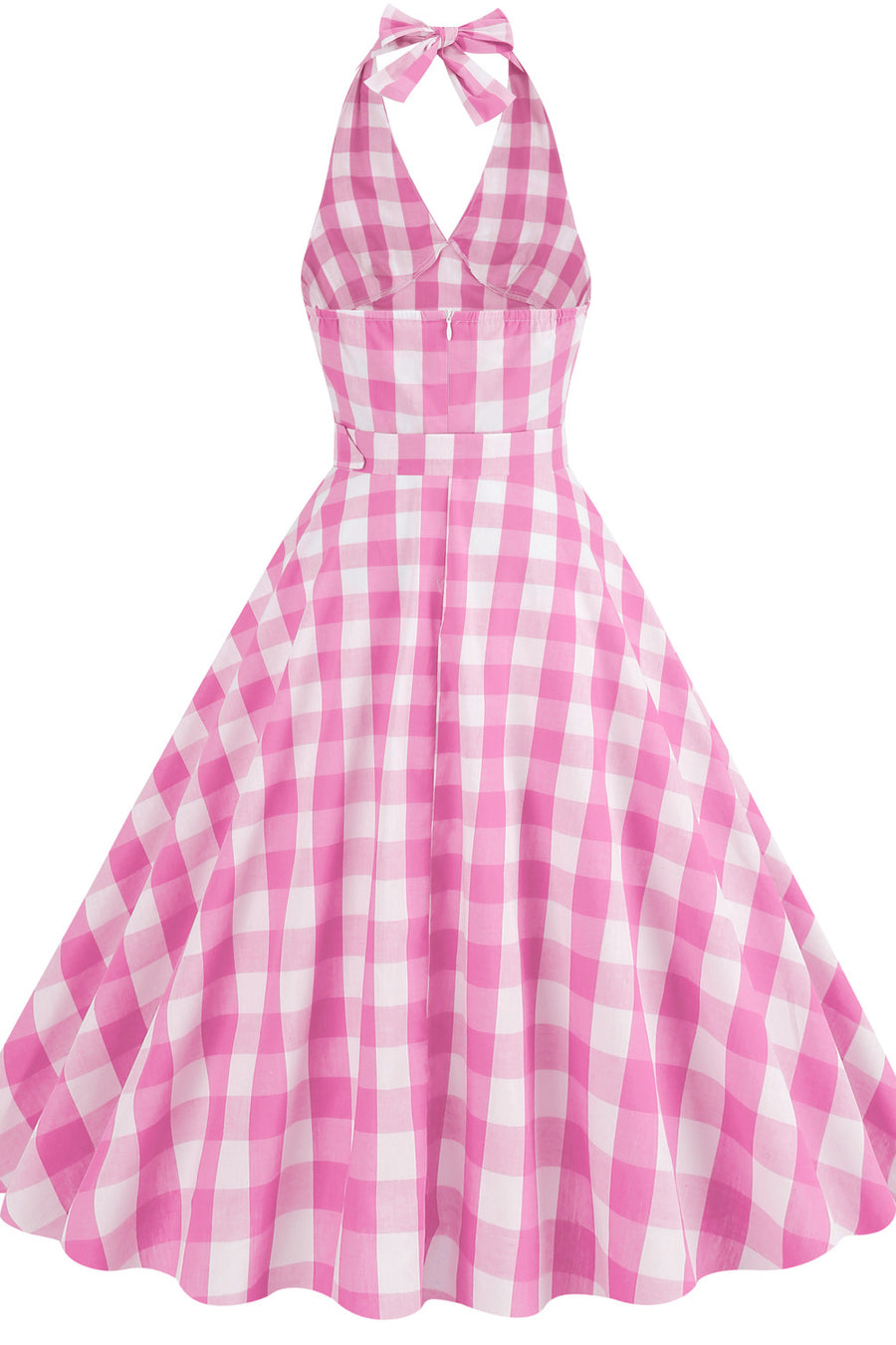 Deep V Neck Pink Plaid Gingham Swing Dress with Belt
