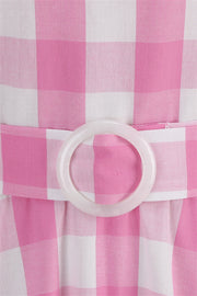 Deep V Neck Pink Plaid Gingham Swing Dress with Belt