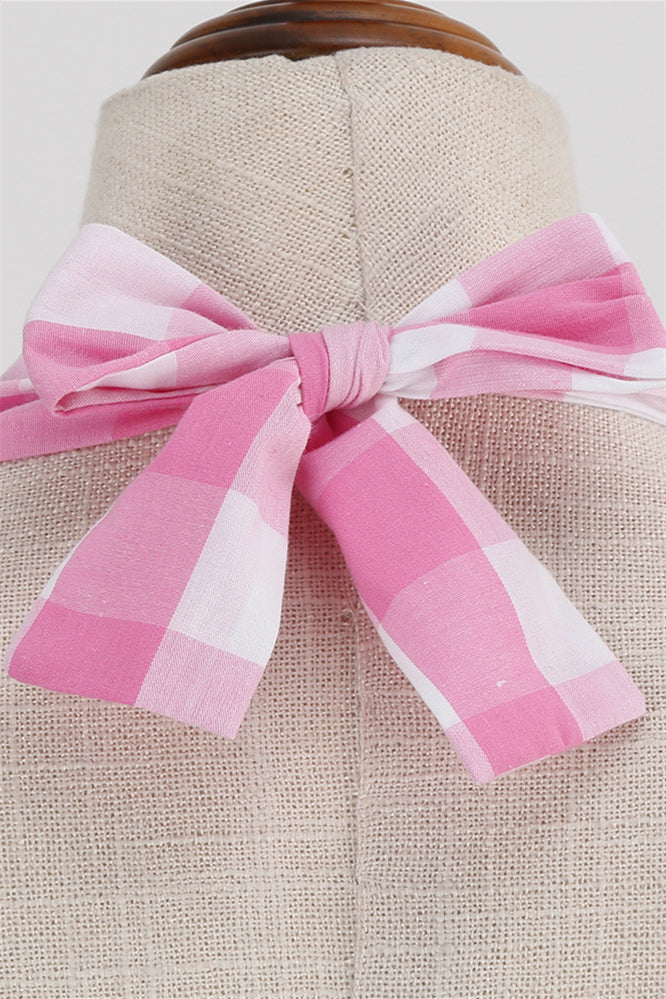 Deep V Neck Pink Plaid Gingham Swing Dress with Belt