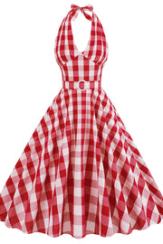 Deep V Neck Pink Plaid Gingham Swing Dress with Belt