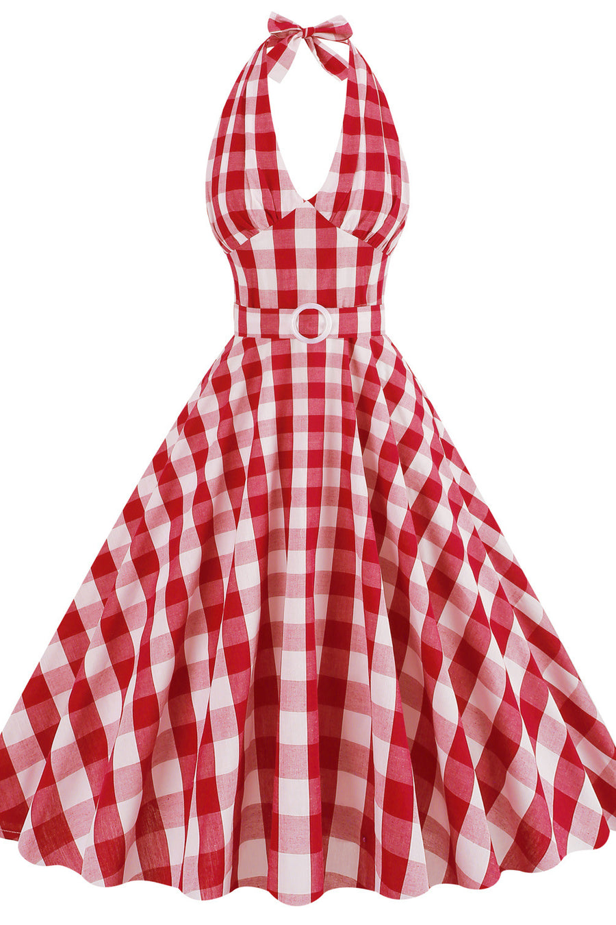 Deep V Neck Pink Plaid Gingham Swing Dress with Belt