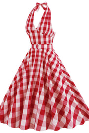 Deep V Neck Pink Plaid Gingham Swing Dress with Belt