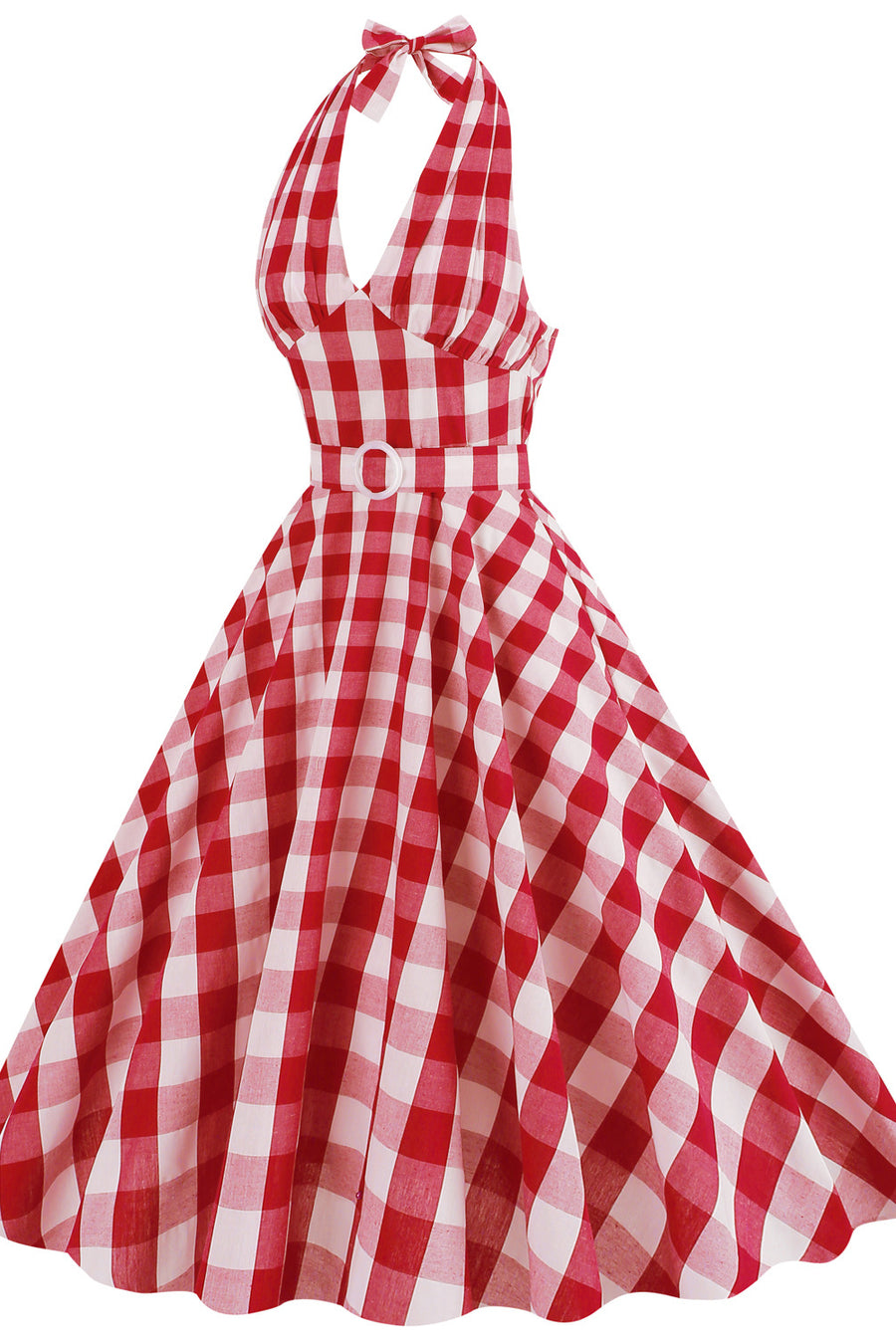 Deep V Neck Pink Plaid Gingham Swing Dress with Belt