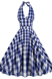 Deep V Neck Pink Plaid Gingham Swing Dress with Belt