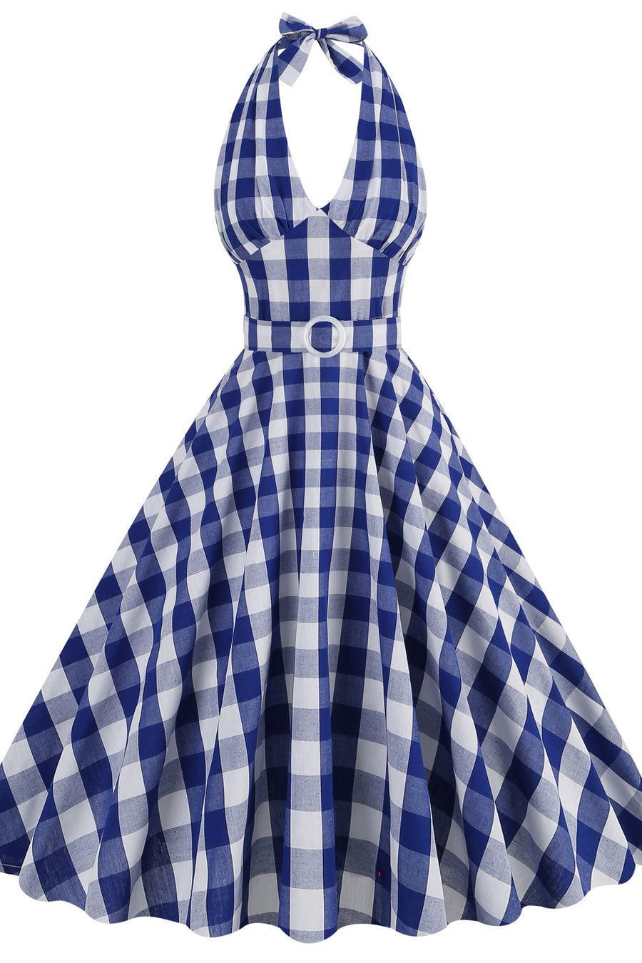 Deep V Neck Pink Plaid Gingham Swing Dress with Belt