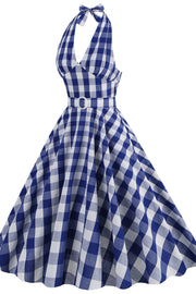 Deep V Neck Pink Plaid Gingham Swing Dress with Belt