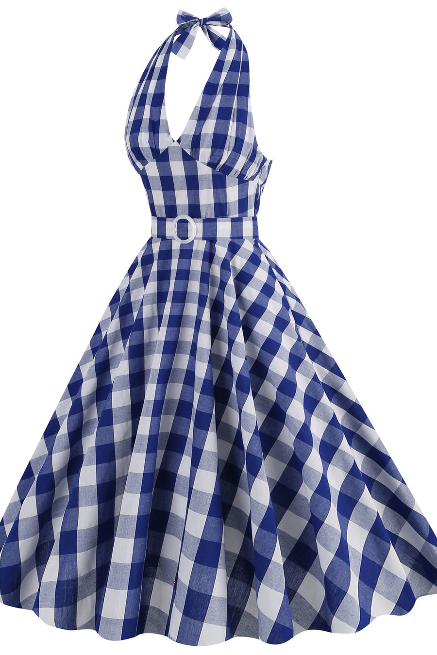 Deep V Neck Pink Plaid Gingham Swing Dress with Belt