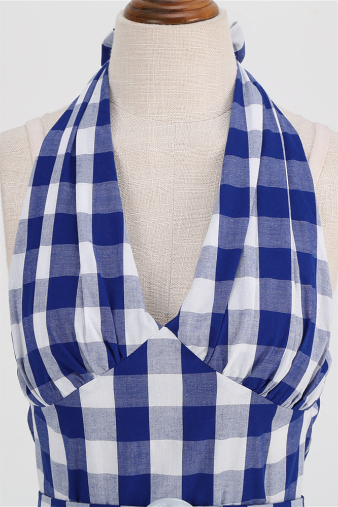 Deep V Neck Pink Plaid Gingham Swing Dress with Belt