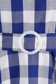 Deep V Neck Pink Plaid Gingham Swing Dress with Belt