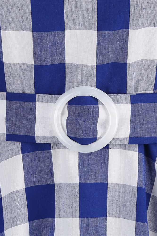 Deep V Neck Pink Plaid Gingham Swing Dress with Belt