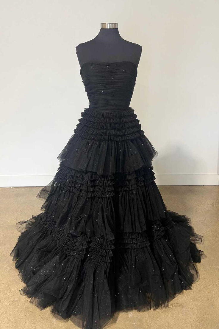 Strapless Periwinkle Tulle Tiered Formal Dress