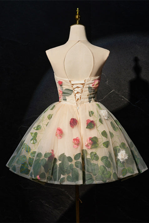 Scoop Champagne Floral A-line Short Party Dress