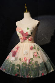 Scoop Champagne Floral A-line Short Party Dress