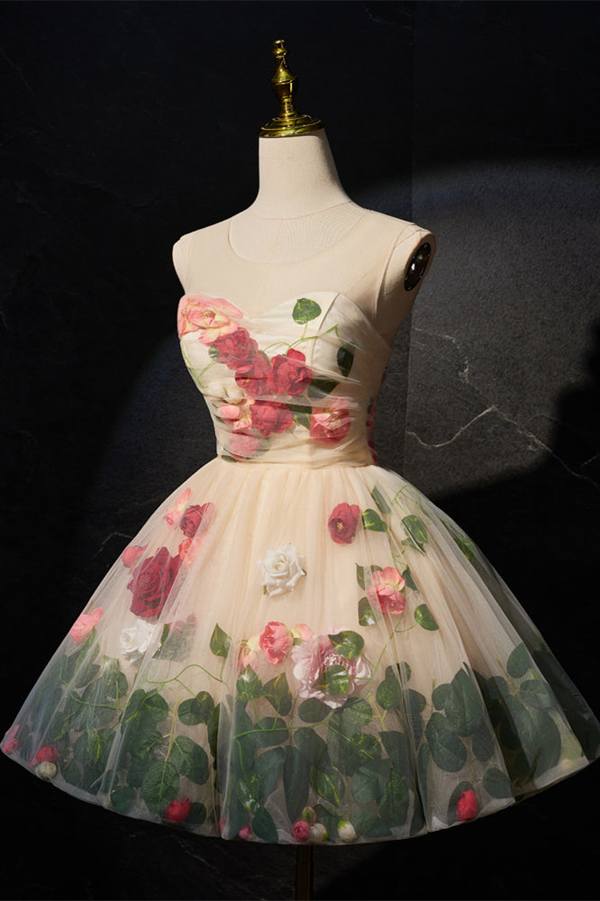 Scoop Champagne Floral A-line Short Party Dress