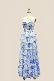 Sweetheart Blue Floral Corset A-line Ruffle Gown