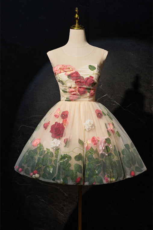 Scoop Champagne Floral A-line Short Party Dress