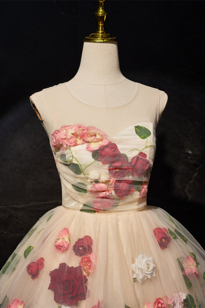 Scoop Champagne Floral A-line Short Party Dress