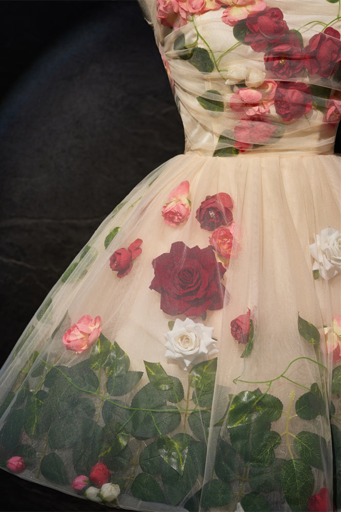 Scoop Champagne Floral A-line Short Party Dress