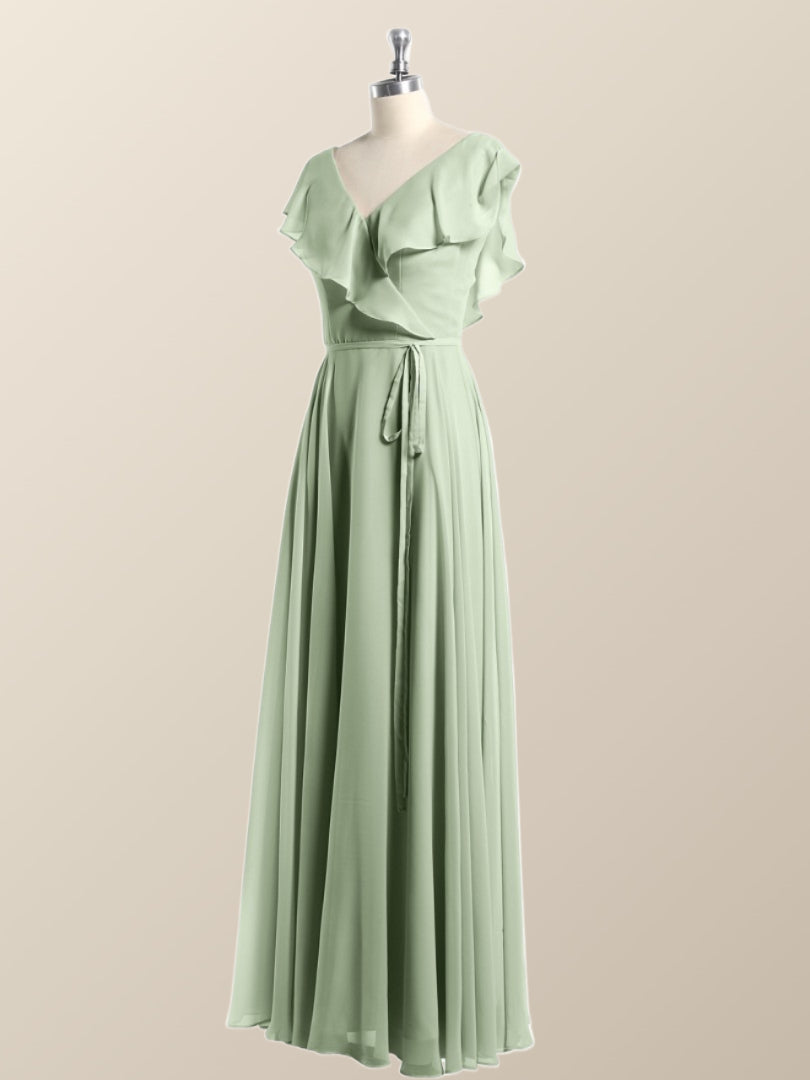 Ruffles V Neck Sage Green Chiffon Long Bridesmaid Dress